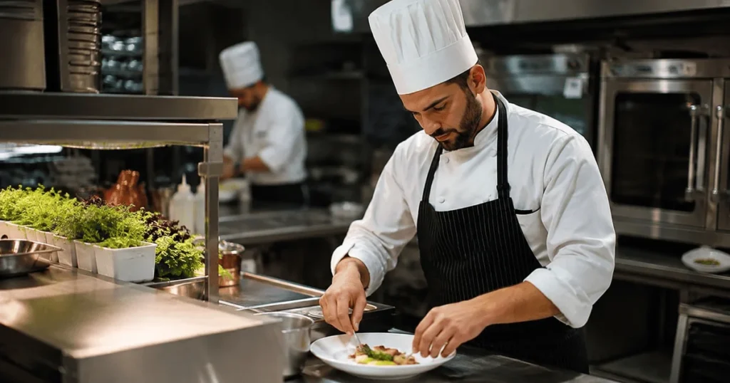 Cook Job in Czechia – Demi Chef preparing food in a professional hotel kitchen