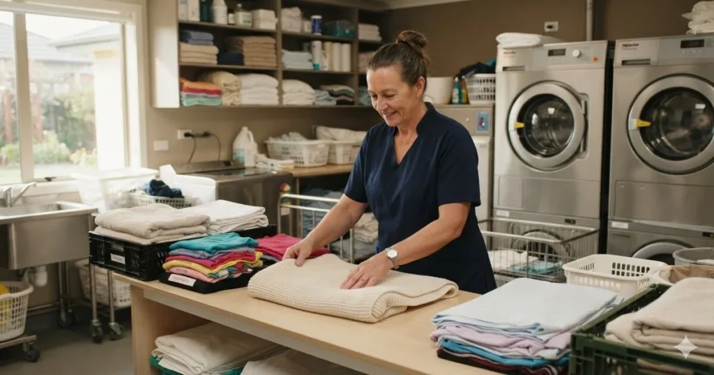 Laundry Assistant Jobs New Zealand - commercial laundry room with folded linens at Whitby Care Home