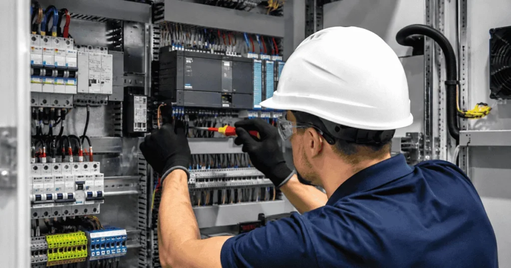 Electrical Engineer in Mexico inspecting industrial control panel with wiring and gauges