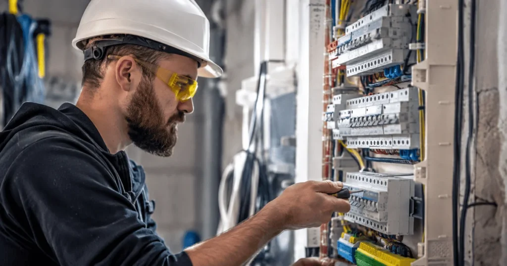 Electrician Jobs in Poland – electrician working on an industrial electrical panel