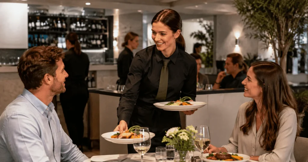Food and Beverage Attendant Jobs in Australia featuring a hospitality employee serving guests at Holiday Inn Geelong restaurant.