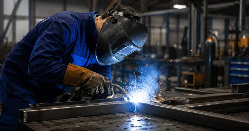 Professional welder performing TIG MIG MAG welding in a modern factory for welder-jobs-in-czechia at Exentec, Czechia.