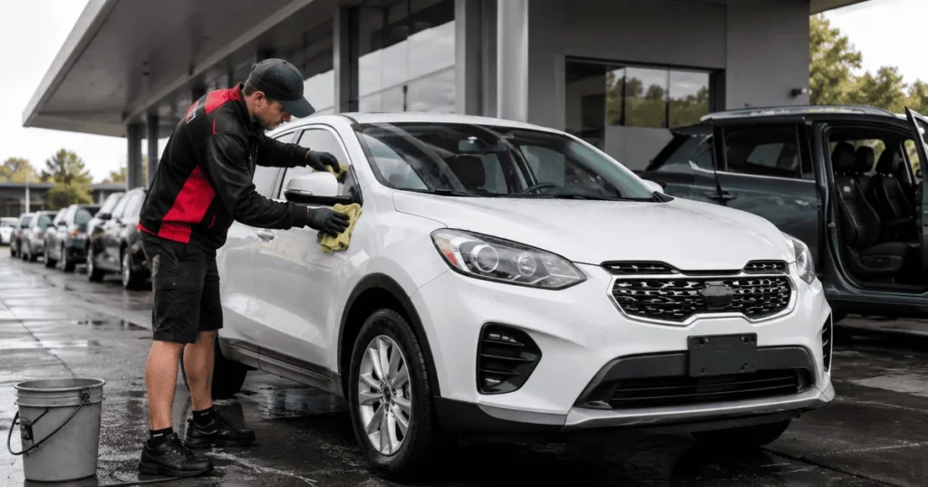 Car Washer Job in New Zealand – worker cleaning and washing a rental car